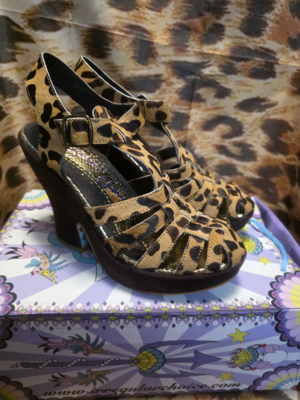 NEW Irregular Choice Mumba Leopard Print Wedge Sandals - Size 7.5